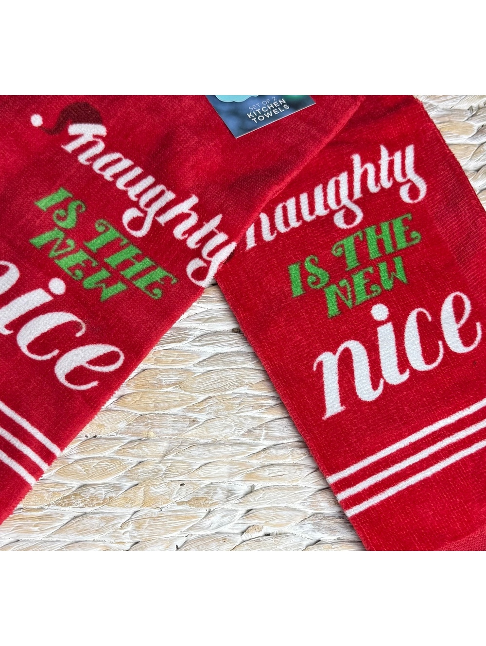 Red Christmas Kitchen Towels with Naughty is the New Nice Design - Set of 2